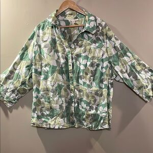 Linen Leaf Print Button-Up Blouse